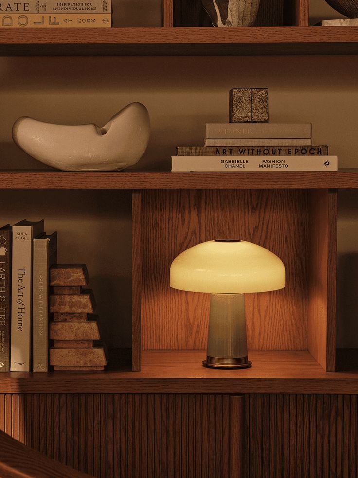 Glowing mushroom lamp on an oak shelf with design books